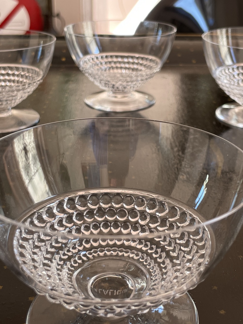 4 Coupes à Champagne de René Lalique, service Nippon, Art Déco