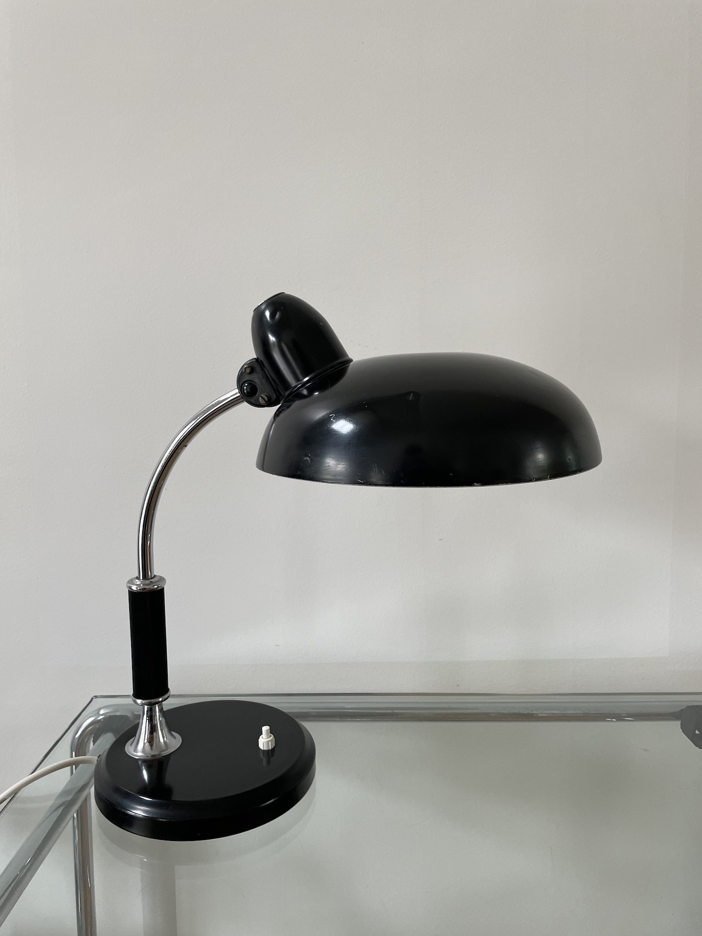Black metal German desk light with chrome stem signed by Helo Leuchten, circa 1945