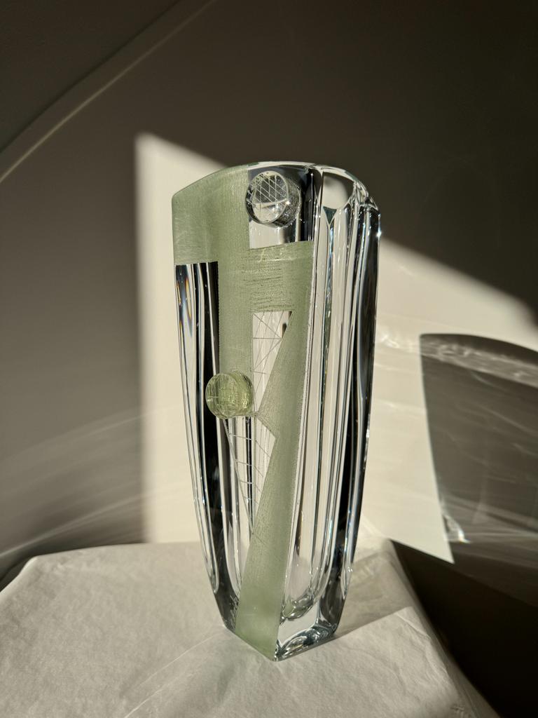 1950's French Crystal Abstract Modernist Vase by Anatole Riecke Transparent and Green