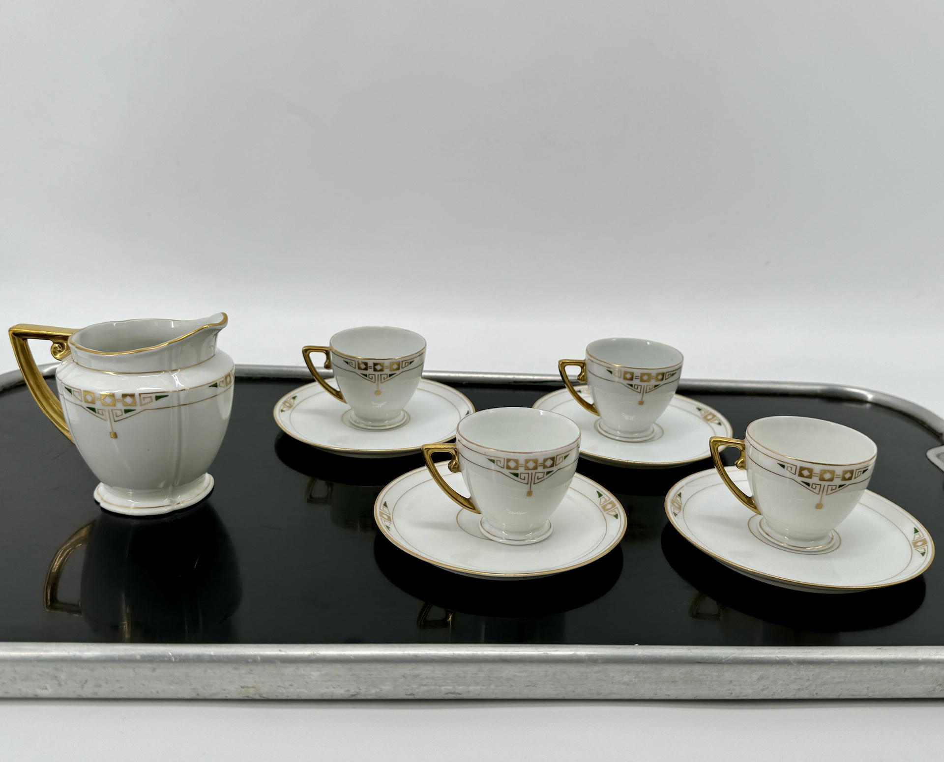 Austrian Jugenstil 4 Mocha Cups And Saucers And Milk Jug circa 1890