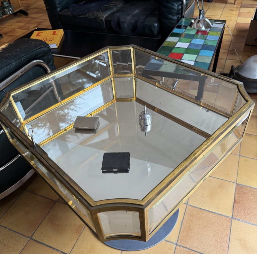Antique Brass Jeweller's Display Case with Bevelled Glass and Concave Corners