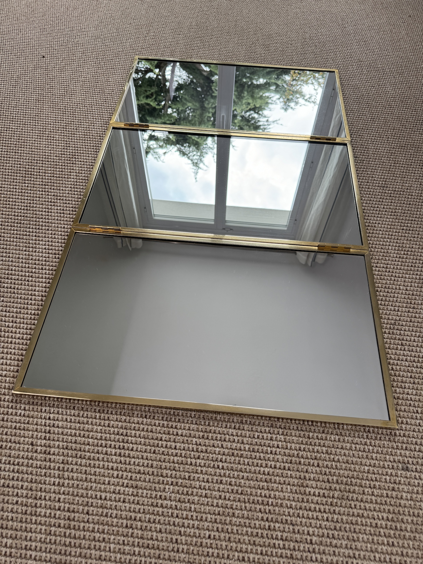 Triptych Mirror in Gilded Metal with Bevelled Mirror Cover