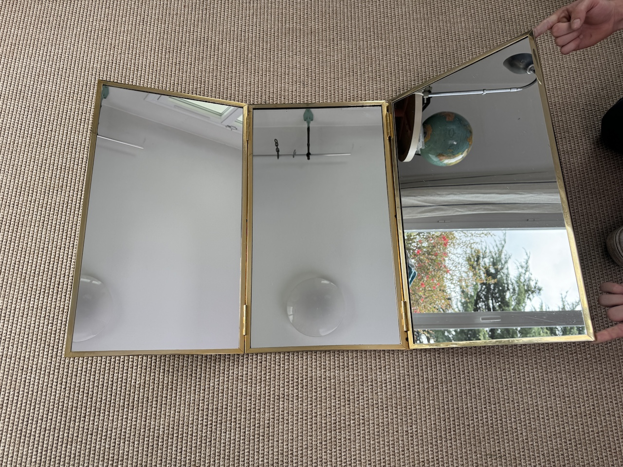 Triptych Mirror in Gilded Metal with Bevelled Mirror Cover