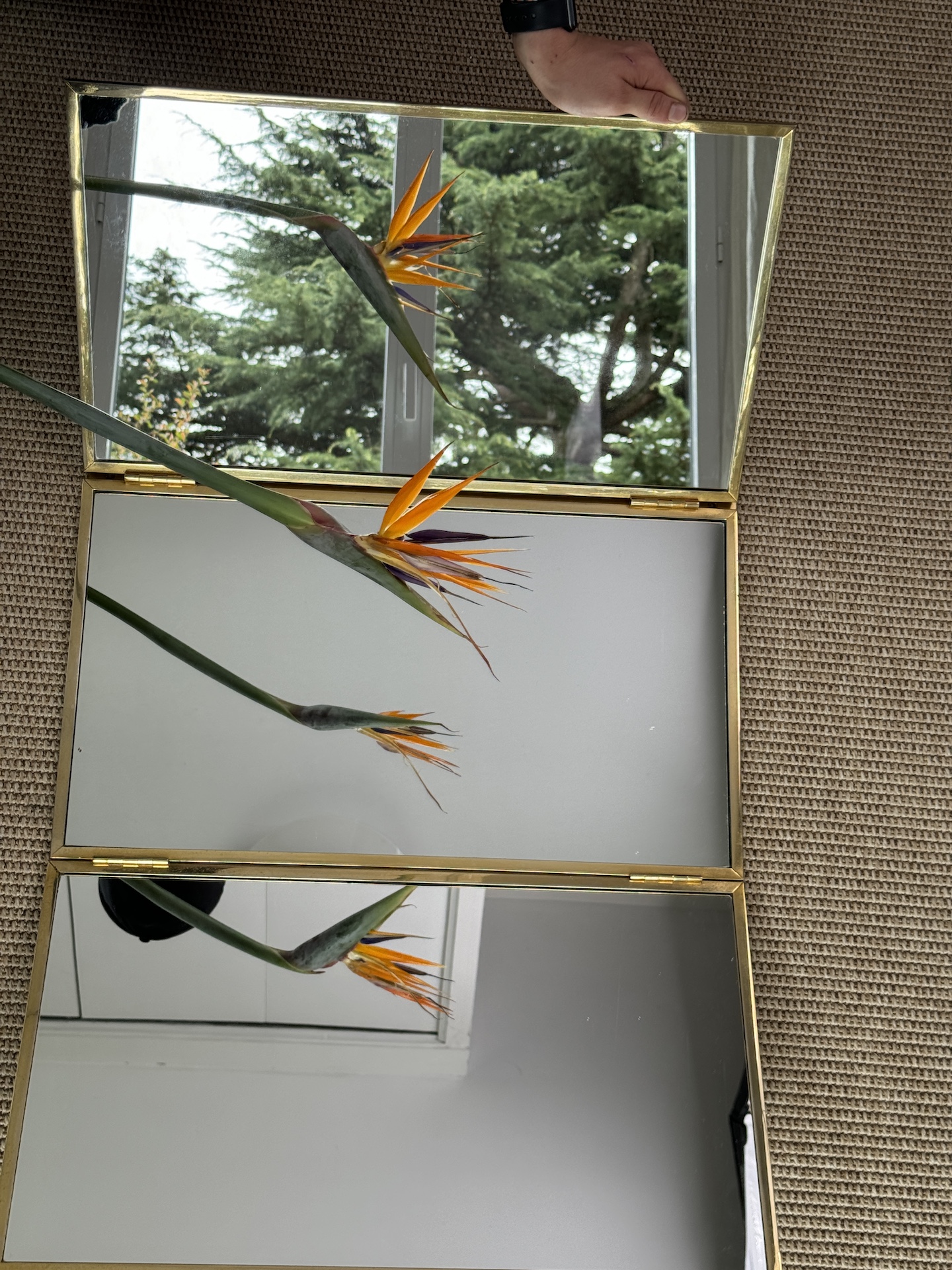Triptych Mirror in Gilded Metal with Bevelled Mirror Cover