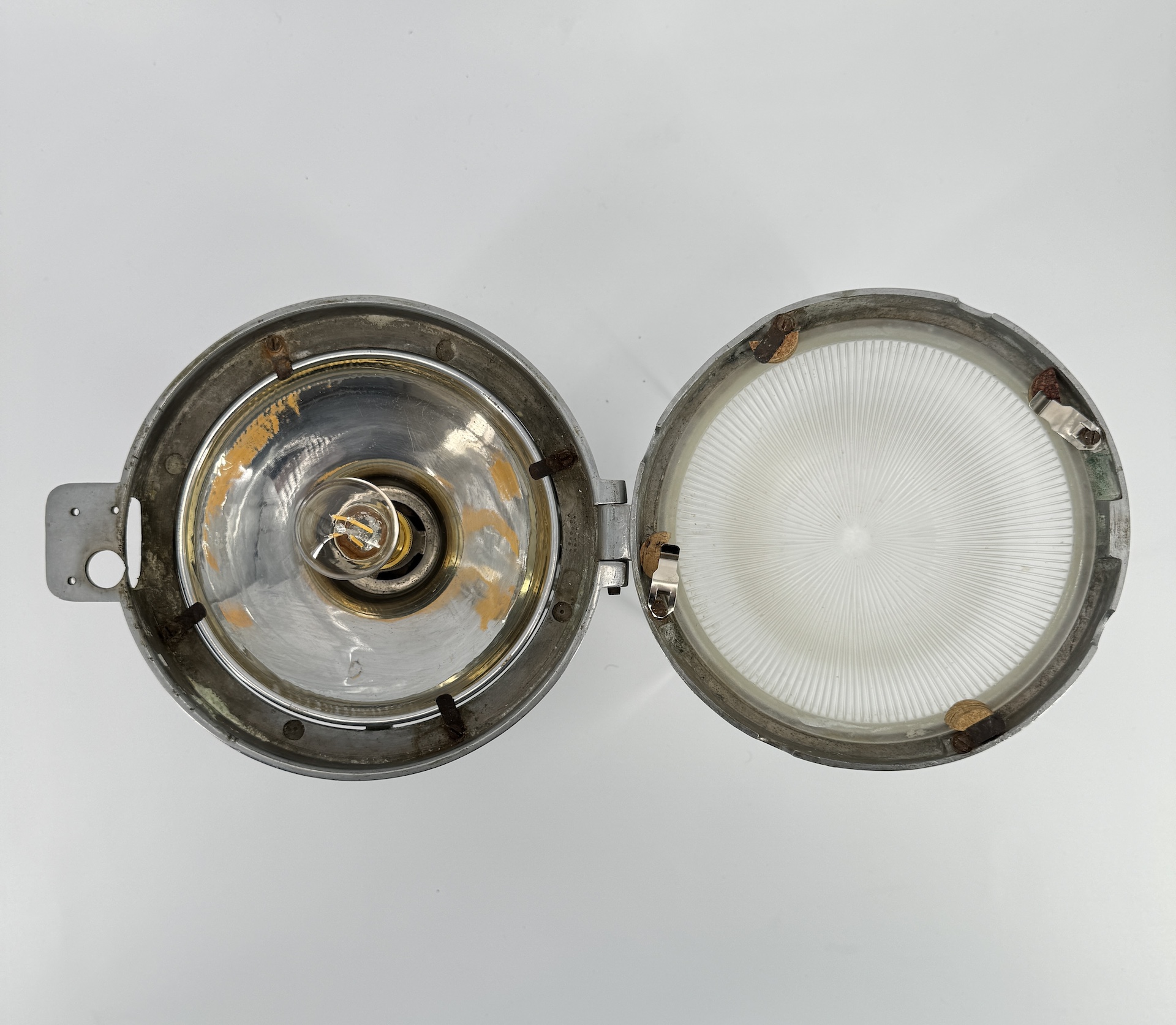 Refitted Train Light in Metal and Holophane Prismatic Glass Dome a pair available.