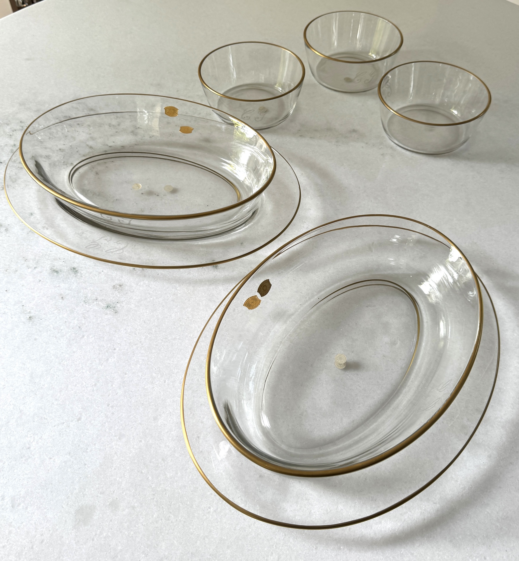 Val Saint Lambert Crystal Oval Serving Plates Decorated in Matte Gold