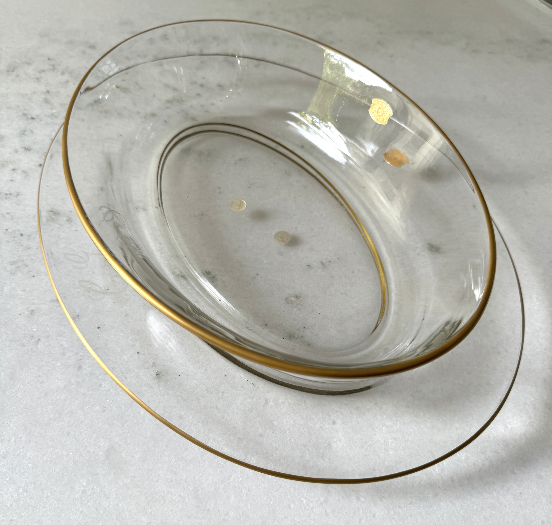 Val Saint Lambert Crystal Oval Serving Plates Decorated in Matte Gold