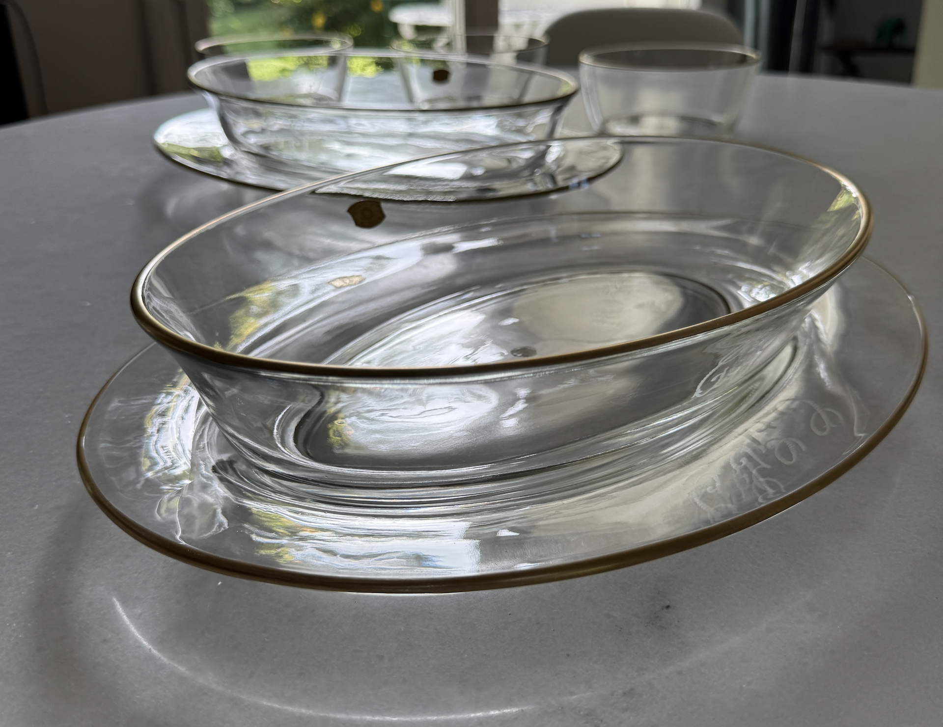 Val Saint Lambert Crystal Oval Serving Plates Decorated in Matte Gold
