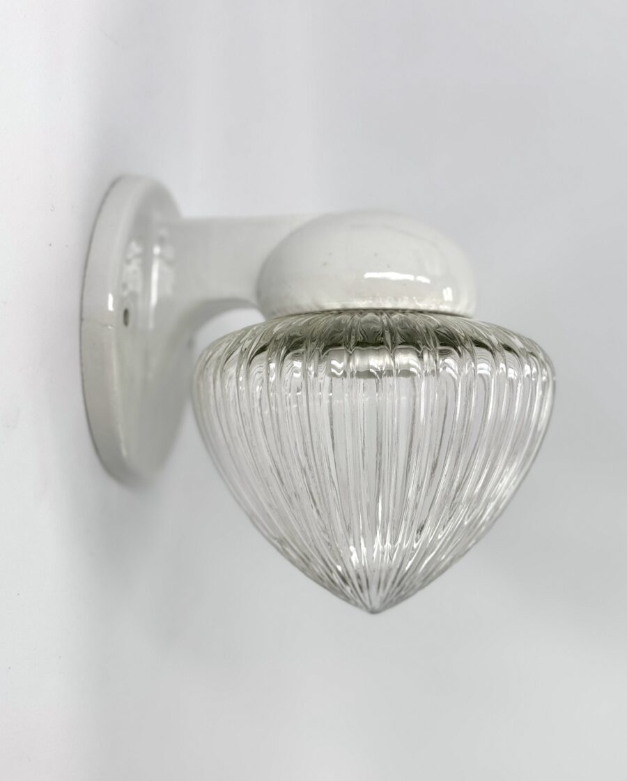 Early 20th c. ceramic and translucent ribbed glass wall light