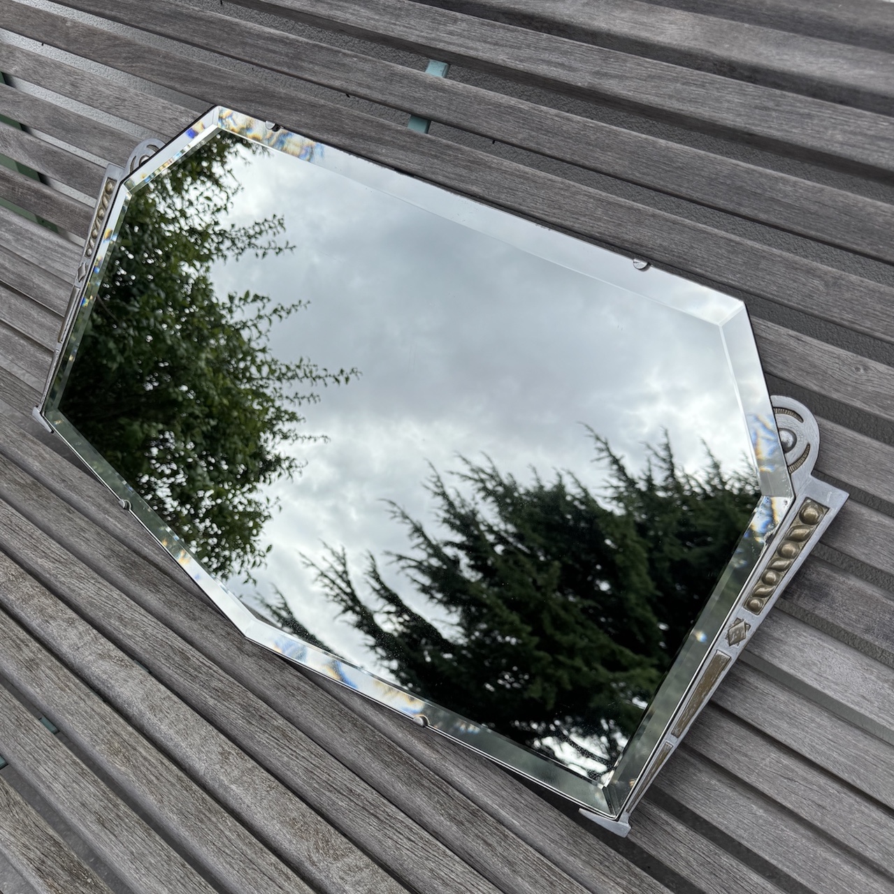 Art Deco Modernist Beveled Mirror with Cast Aluminium Frame