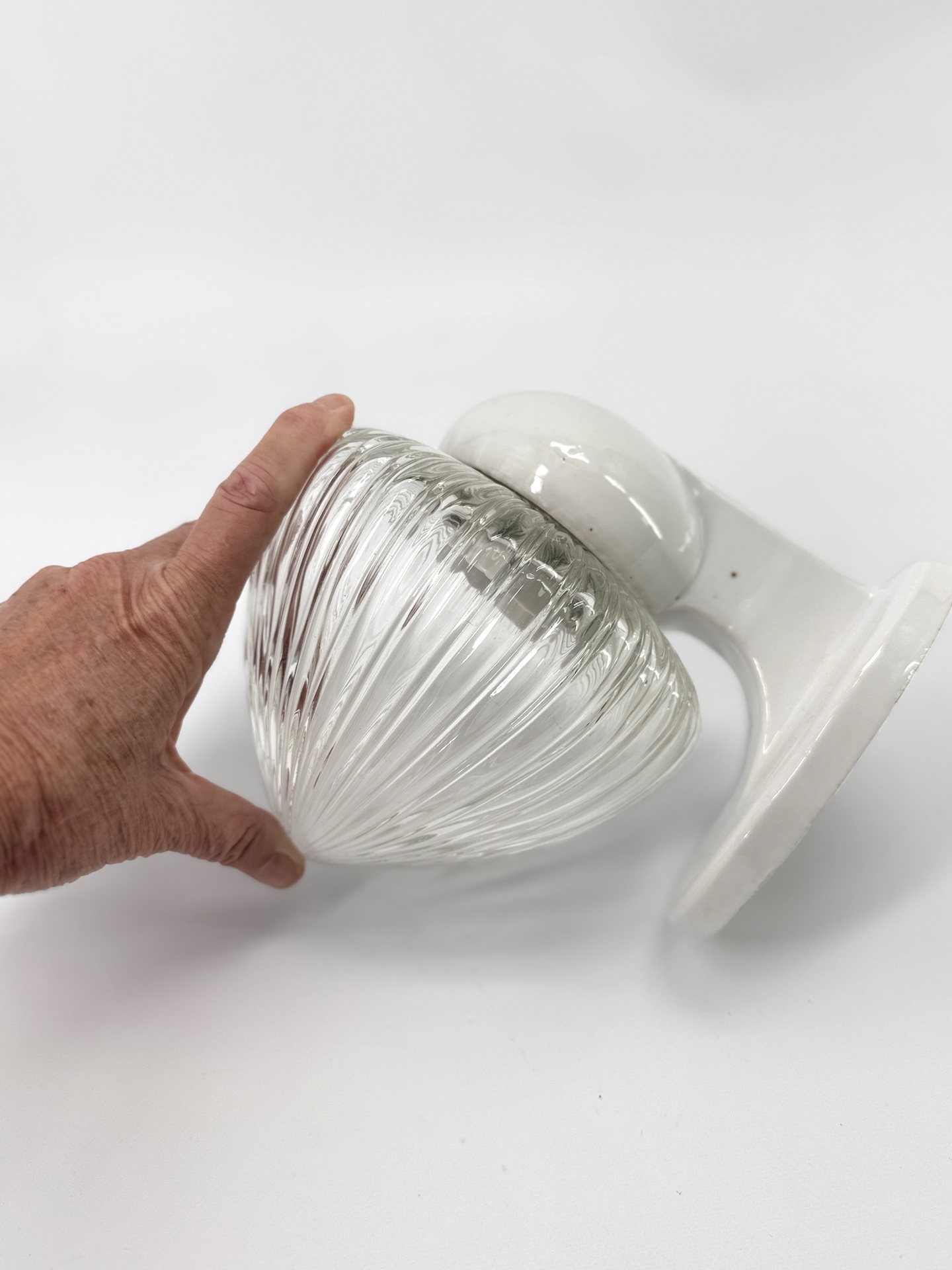 Early 20th c. ceramic and translucent ribbed glass wall light