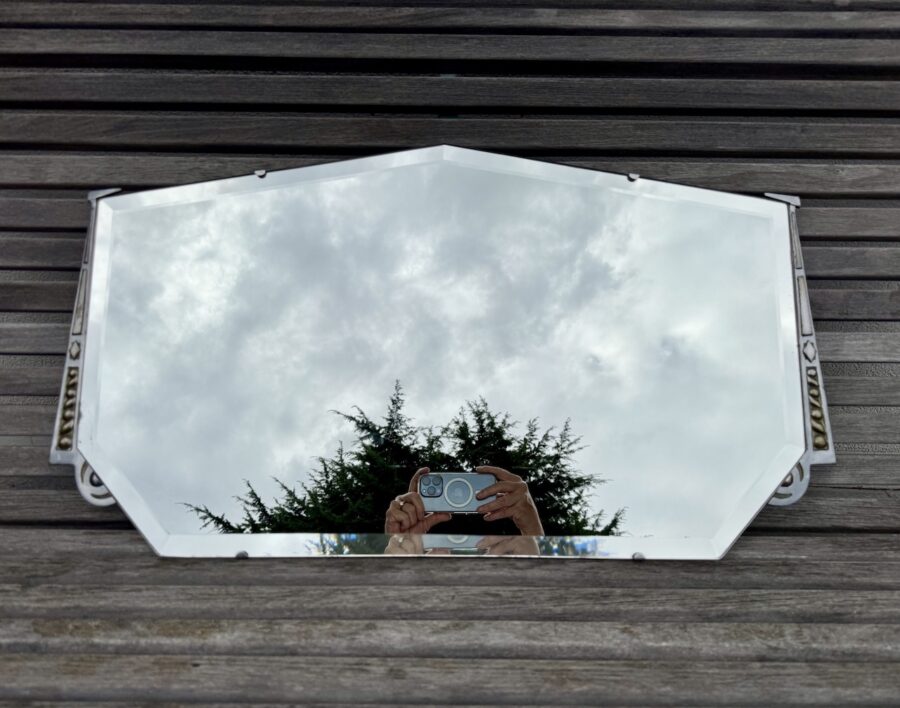 Miroir Biseauté Art Déco Moderniste Cadre en Fonte d'Aluminium
